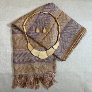 Gold Purple And Gray Scarf And Tan Tagua Earrings And Necklace Accessory Set